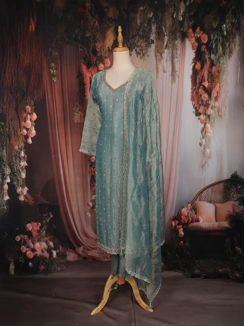Sea Green Stone And Beads Embellished Tissue Organza Salwar Suit 2