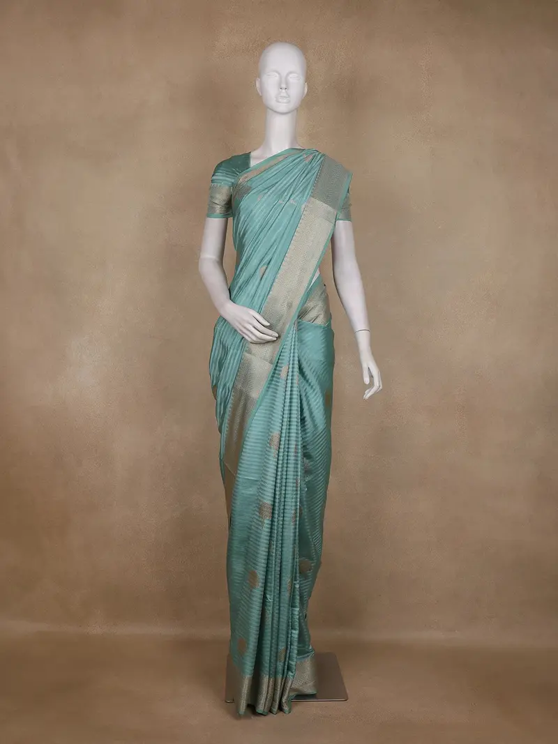Sea Green Striped Butta Design Semi Banarasi Saree 1