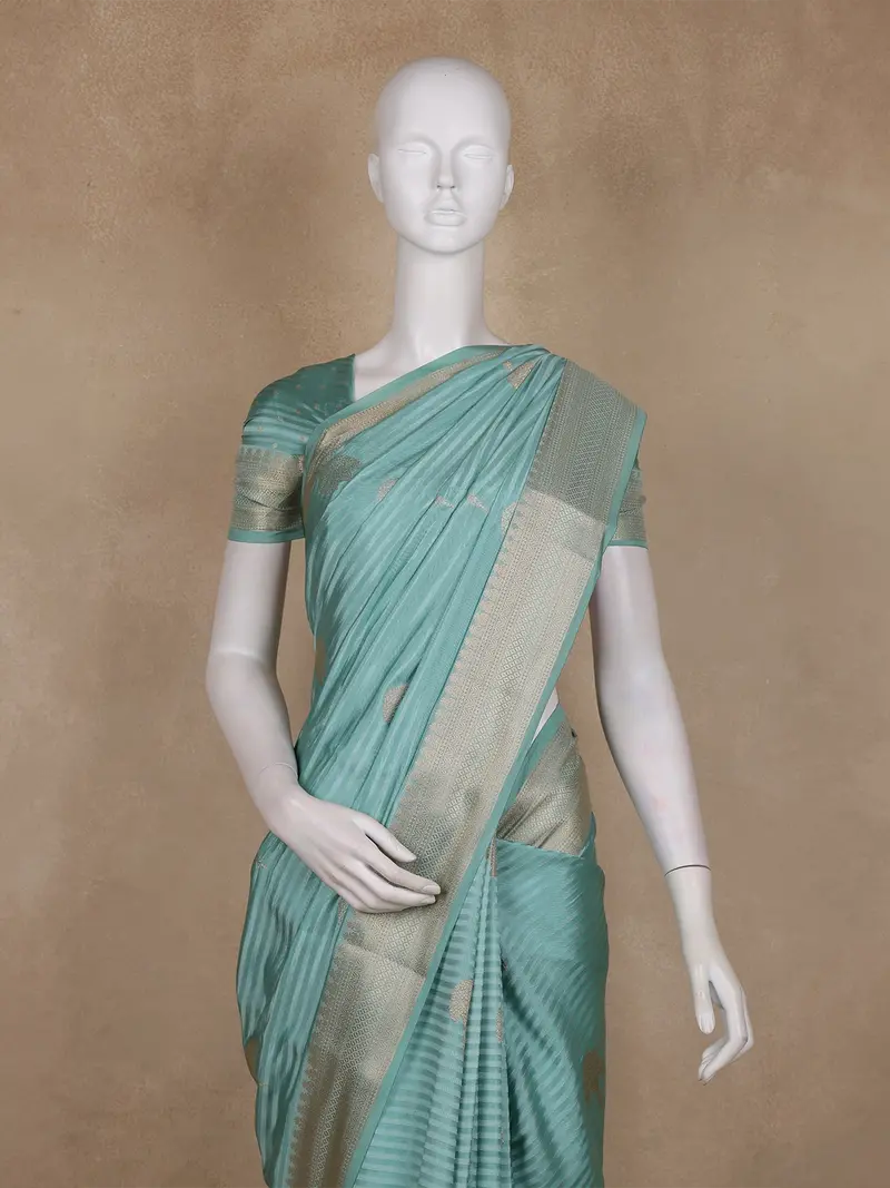 Sea Green Striped Butta Design Semi Banarasi Saree 2