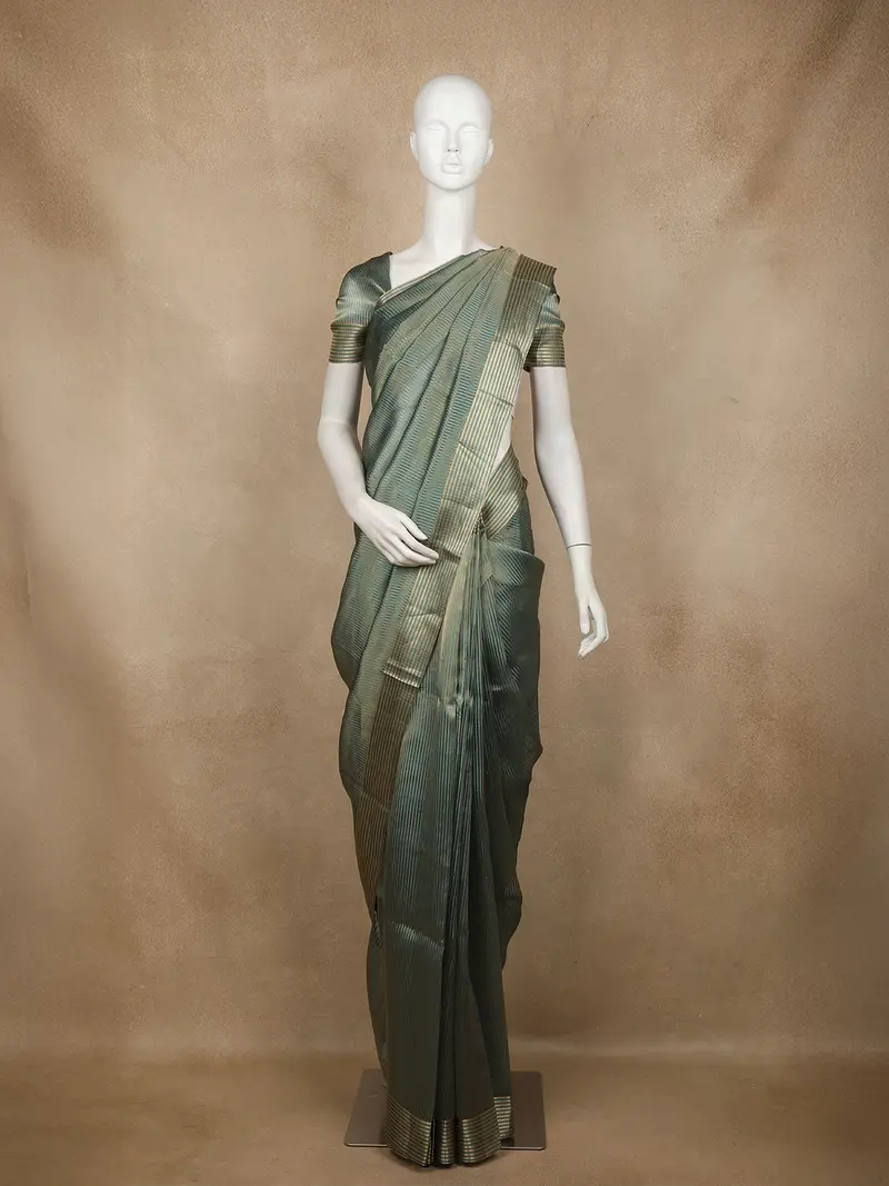 Sea Green Stripes Design Organza Saree 1