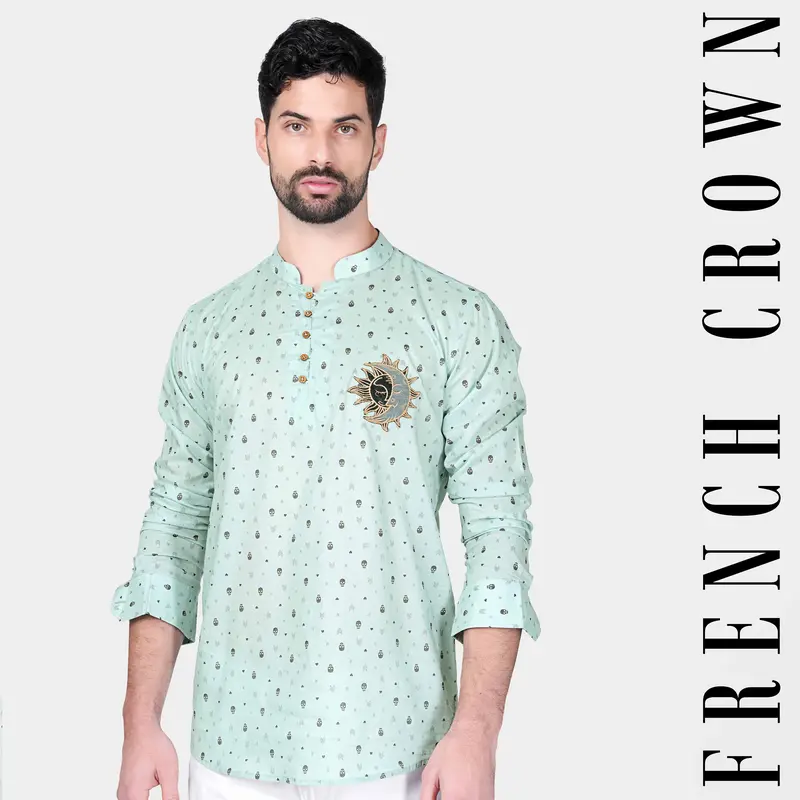 Sea Mist Blue And Pablo Brown Sun-Moon Patchwork Premium Cotton Designer Kurta Shirt 1