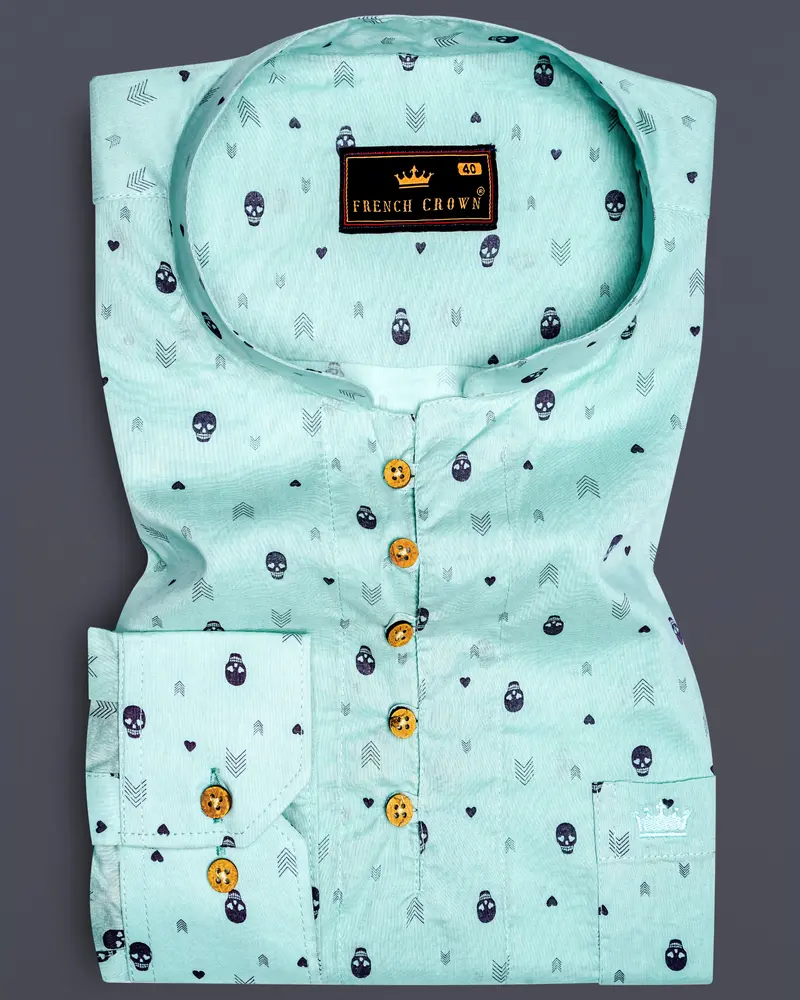 Sea Mist Green Skull And Arrow Printed Premium Cotton Kurta Shirt 1