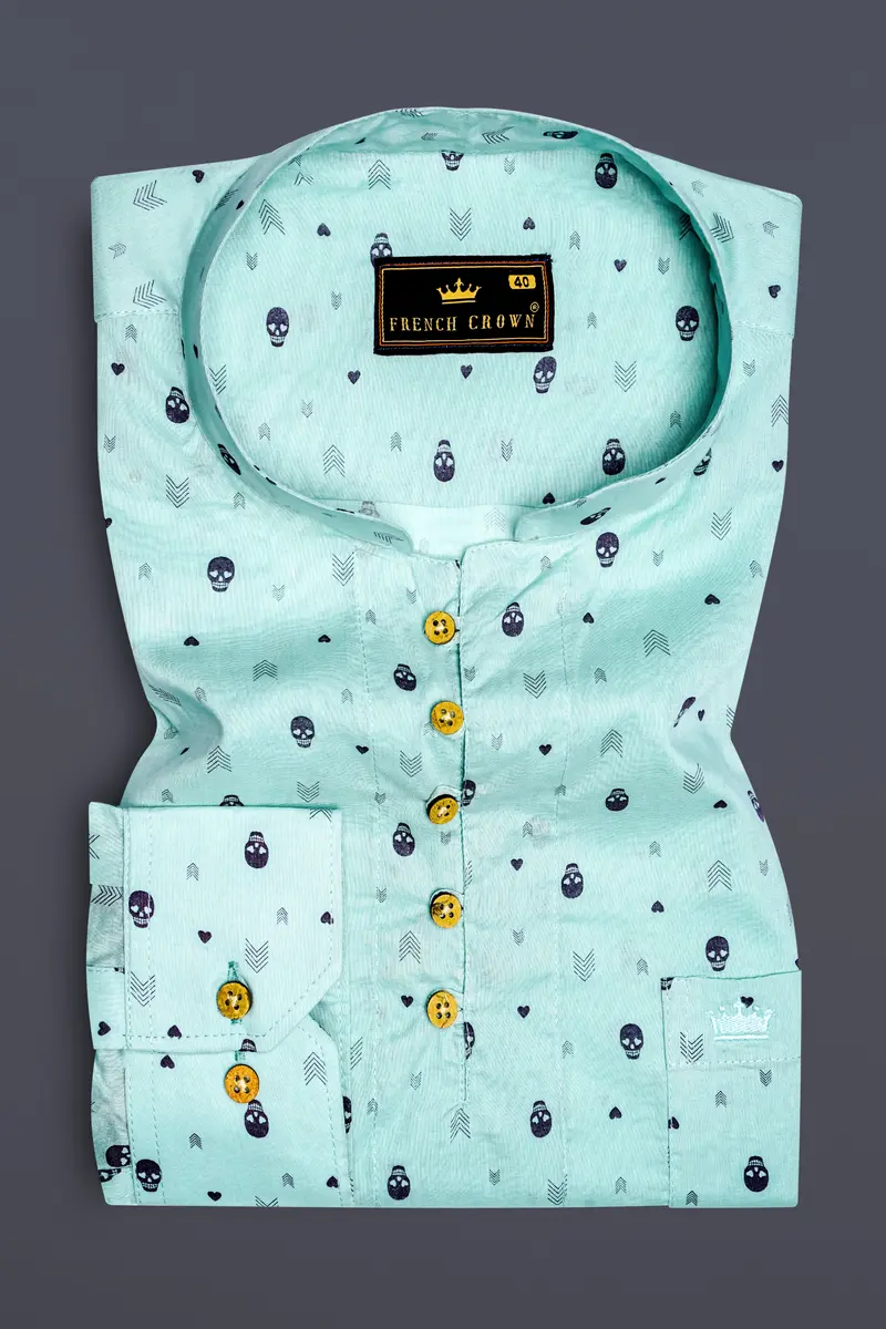 Sea Mist Green Skull And Arrow Printed Premium Cotton Kurta Shirt 2