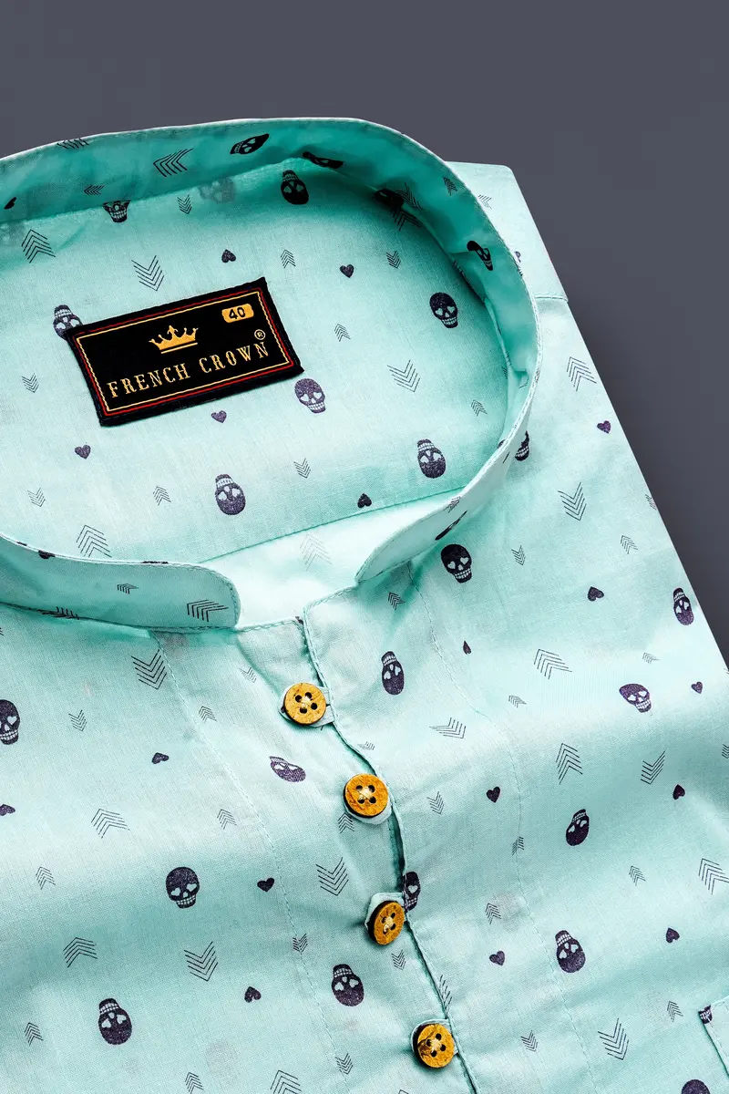 Sea Mist Green Skull And Arrow Printed Premium Cotton Kurta Shirt 4
