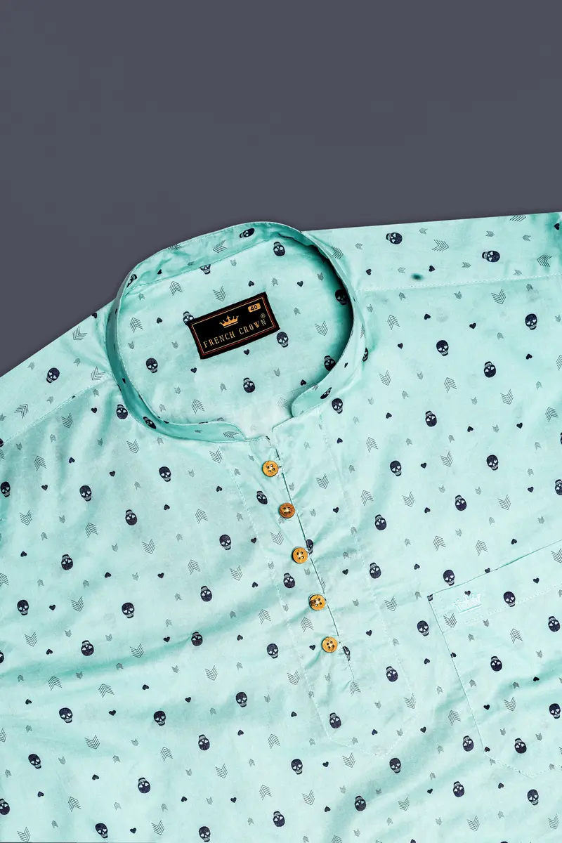 Sea Mist Green Skull And Arrow Printed Premium Cotton Kurta Shirt 5