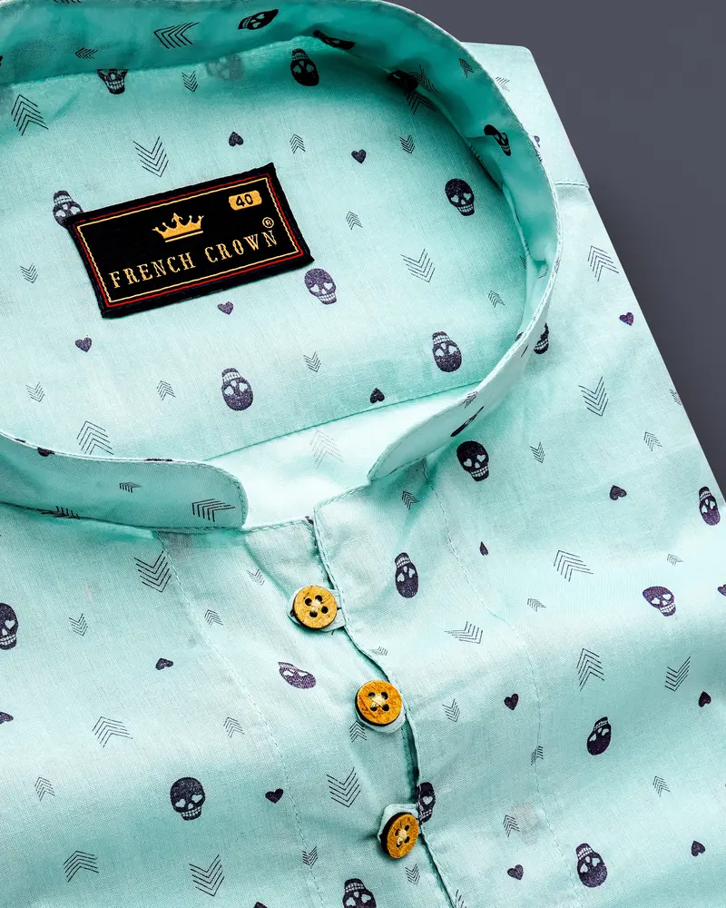 Sea Mist Green Skull And Arrow Printed Premium Cotton Kurta Shirt 6