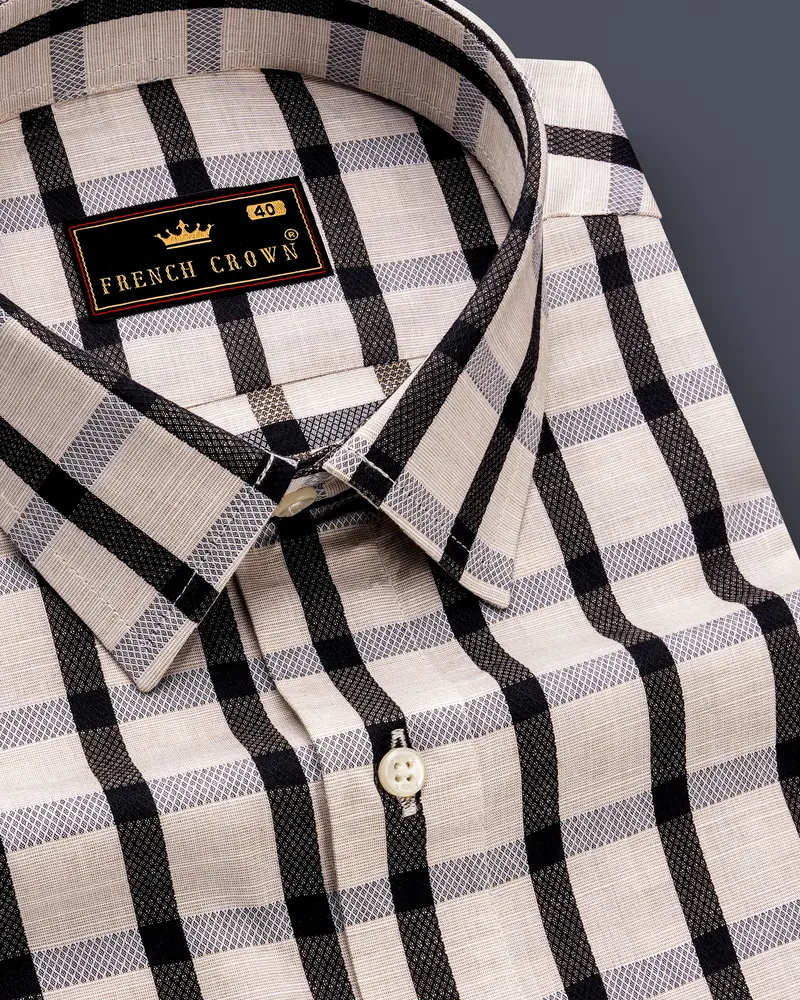 Sea Shell Off White And Jade Black Checkered Dobby Textured Premium Giza Cotton Shirt 1