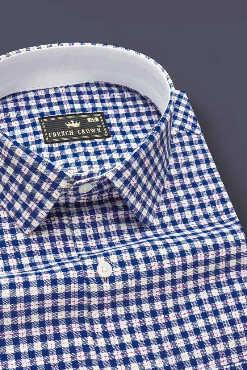 Seabreeze-Biscay Blue And Bright White Gingham Checked Oxford Premium Cotton Shirt 1