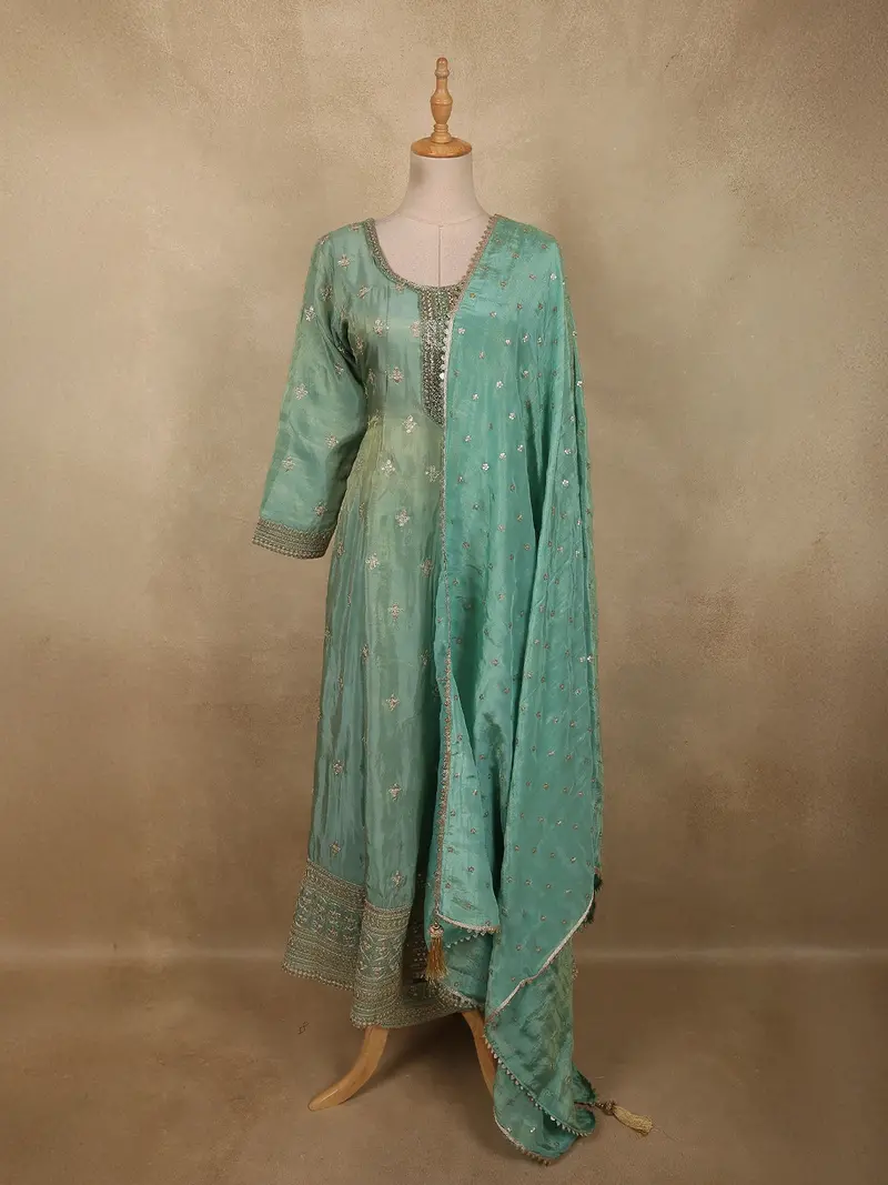 Seafoam Aqua Green Floral Sequins And Zari Embroidered Designed Tissue Silk Anarkali Gown 1