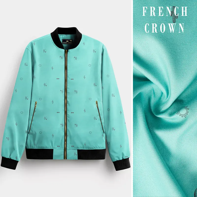 Seafoam Blue Printed Premium Cotton Bomber Jacket 1