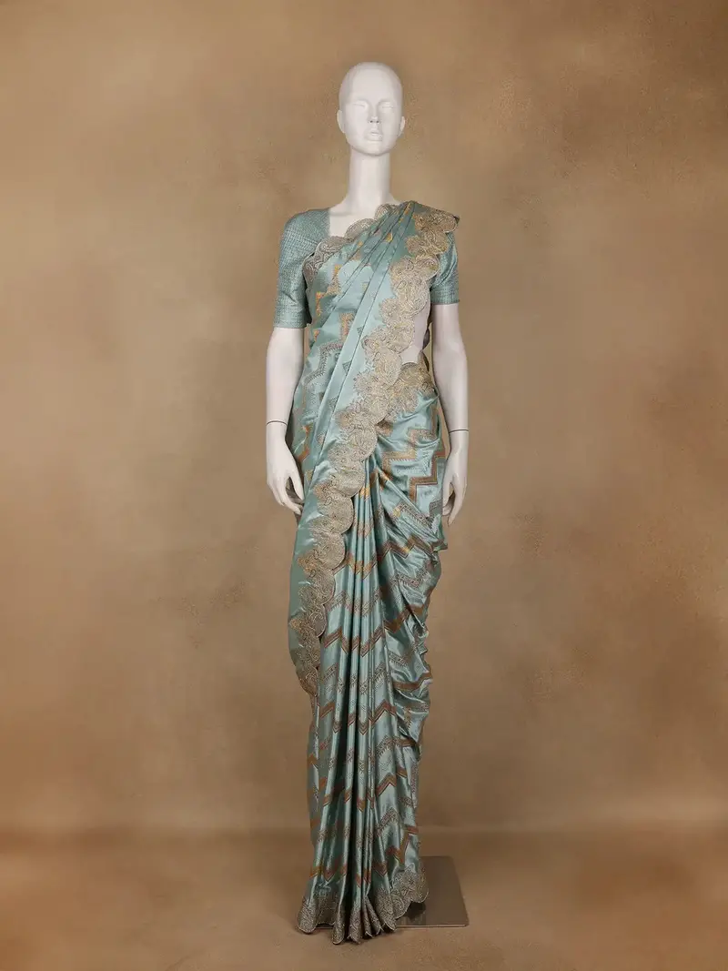 Seafoam Blue  Zigzag Designed Satin Saree With Scalloped Embroidered Border 1