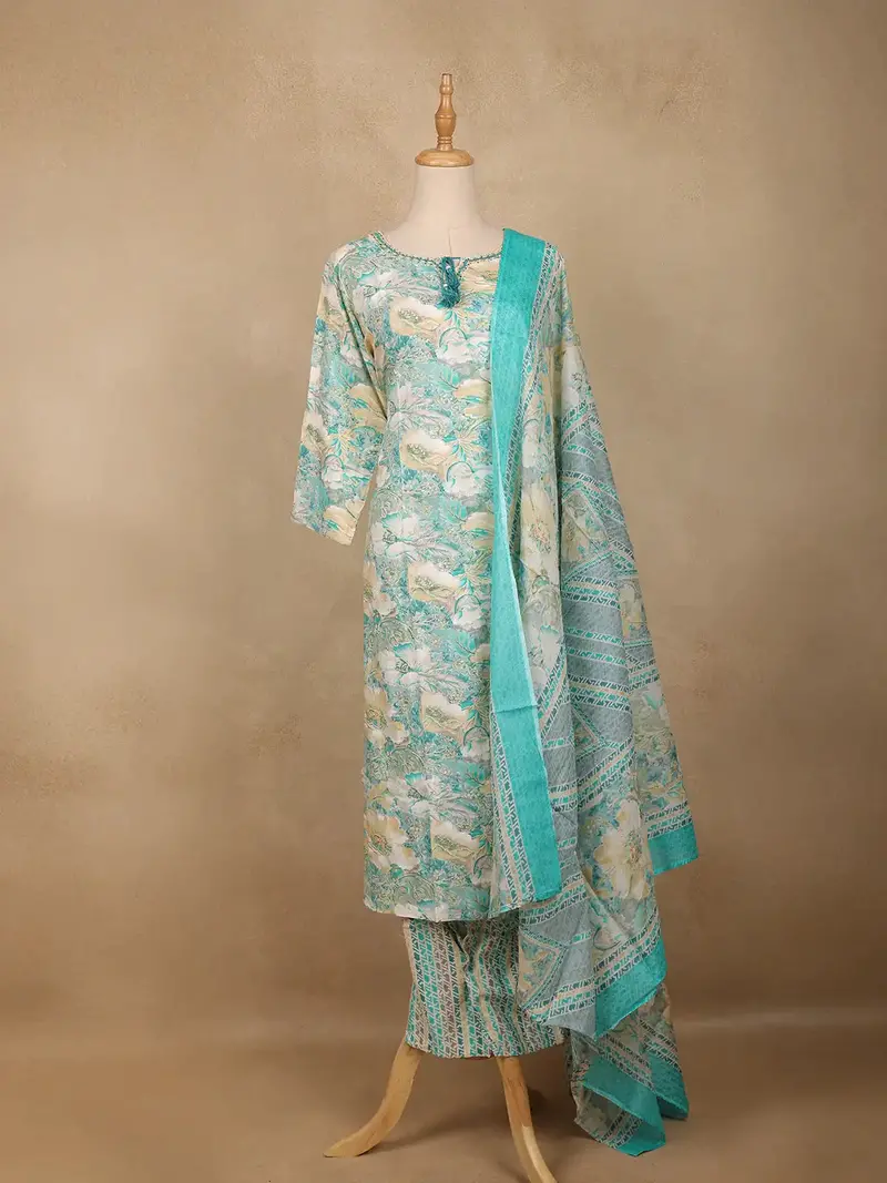 Seafoam Green Floral Design Printed Cotton Salwar Suit 1