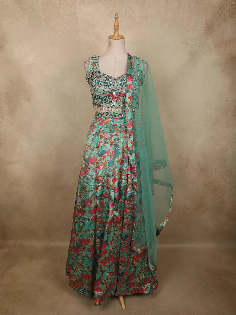 Seafoam Mint Green Floral Thread And Sequins Embroidered Design Organza Lehenga With Dupatta 1