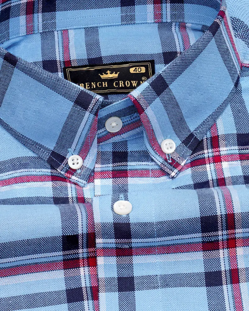 Seagull Sky Blue With Blue And Claret Red Plaid Royal Oxford Shirt 1