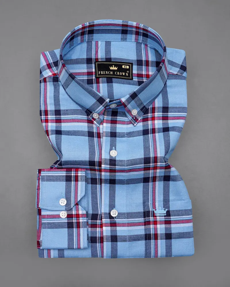 Seagull Sky Blue With Blue And Claret Red Plaid Royal Oxford Shirt 3
