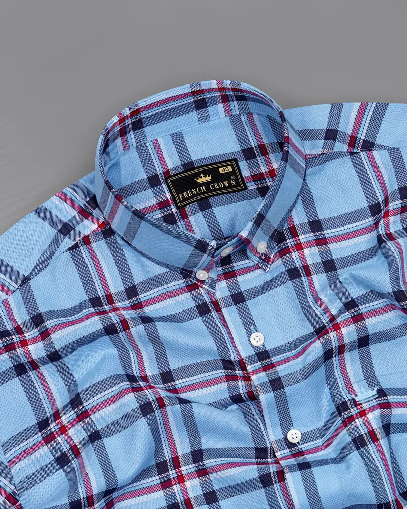 Seagull Sky Blue With Blue And Claret Red Plaid Royal Oxford Shirt 4
