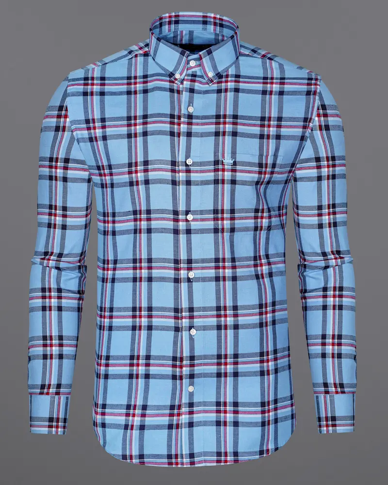 Seagull Sky Blue With Blue And Claret Red Plaid Royal Oxford Shirt 5