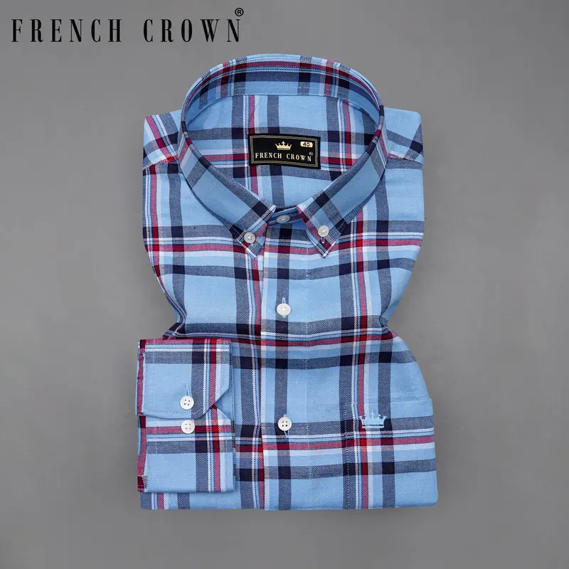 Seagull Sky Blue With Blue And Claret Red Plaid Royal Oxford Shirt 7