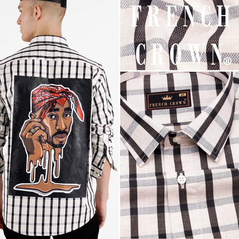 Seashell Beige With Mirage Black Checkered Funky Printed Dobby Premium Giza Cotton Shirt 1