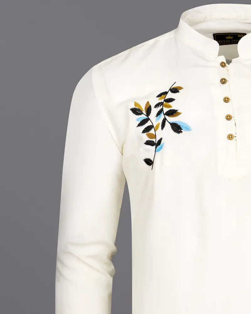 Seashell Cream Leaves Embroidered Tencel Kurta Shirt 1