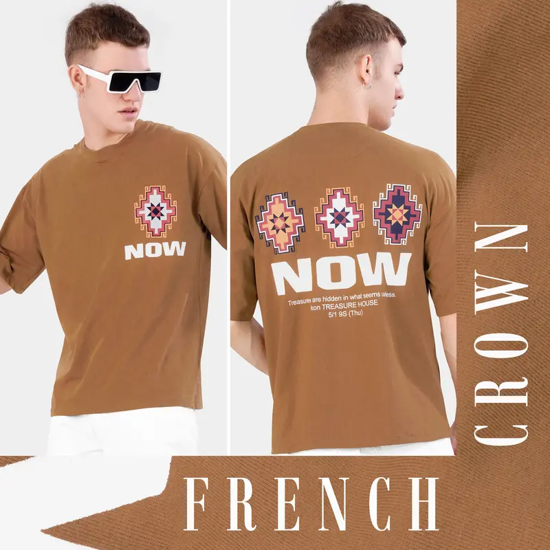 Sepia Brown Printed Premium Cotton Oversized T-Shirt 1