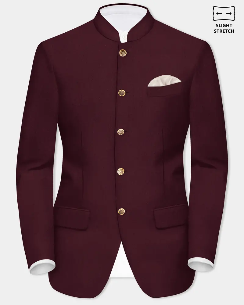 Sepiaelite-Tamarind Brown Solid Wool Rich Bandhgala Slight Stretch Blazer 1