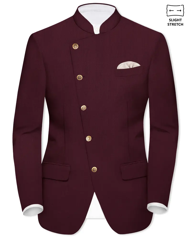 Sepiaelite-Tamarind Brown Solid Wool Rich Cross Placket Bandhgala Slight Stretch Blazer 1