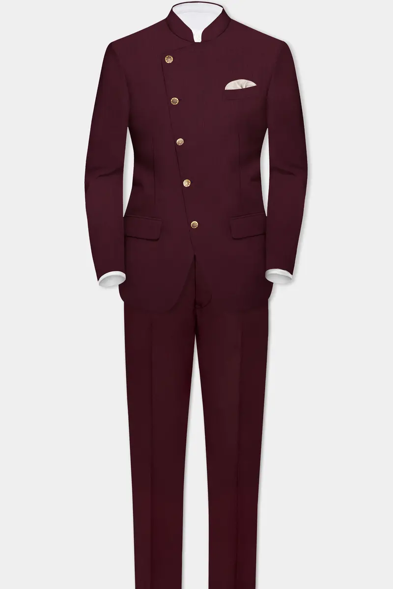 Sepiaelite-Tamarind Brown Solid Wool Rich Cross Placket Bandhgala Slight Stretch Blazer 8