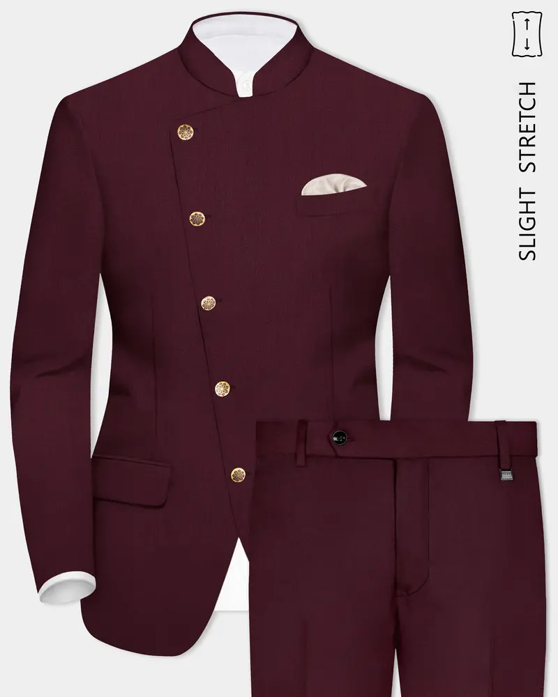 Sepiaelite-Tamarind Brown Solid Wool Rich Cross Placket Bandhgala Slight Stretch Suit 1