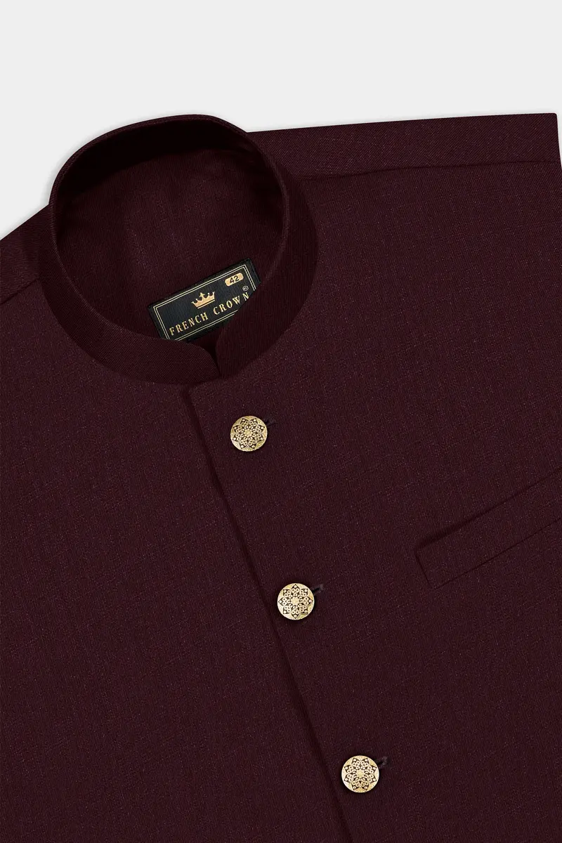Sepiaelite-Tamarind Brown Solid Wool Rich Cross Placket Bandhgala Slight Stretch Suit 17