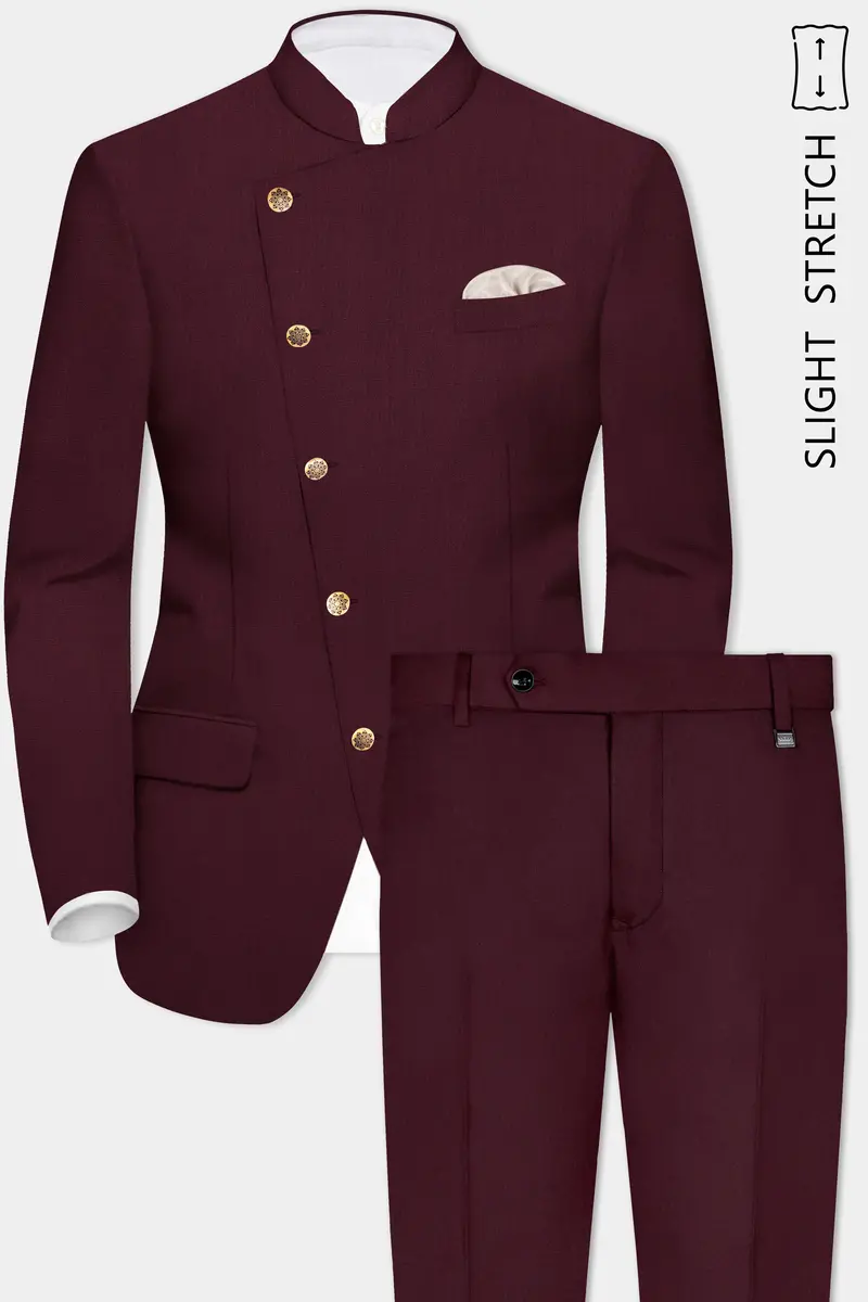 Sepiaelite-Tamarind Brown Solid Wool Rich Cross Placket Bandhgala Slight Stretch Suit 2