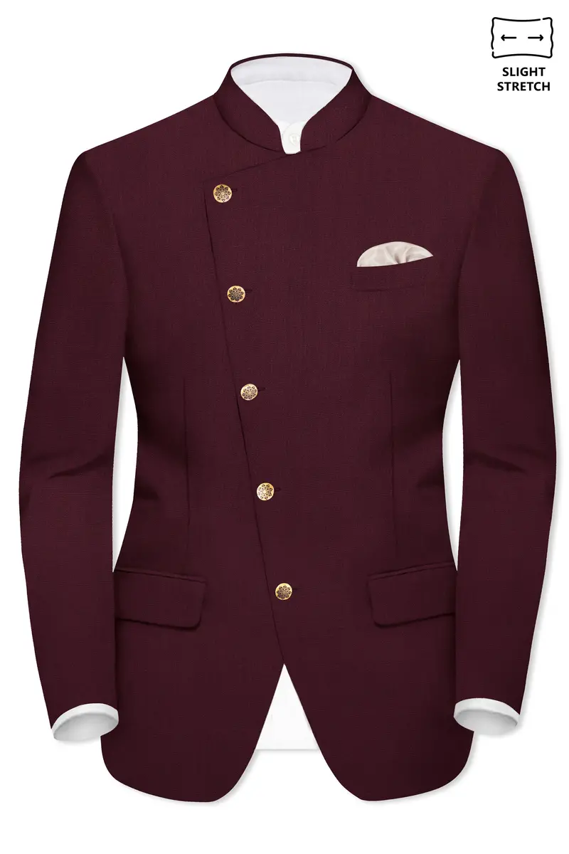Sepiaelite-Tamarind Brown Solid Wool Rich Cross Placket Bandhgala Slight Stretch Suit 9