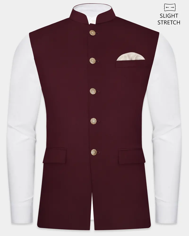 Sepiaelite-Tamarind Brown Solid Wool Rich Slight Stretch Nehru Jacket 1