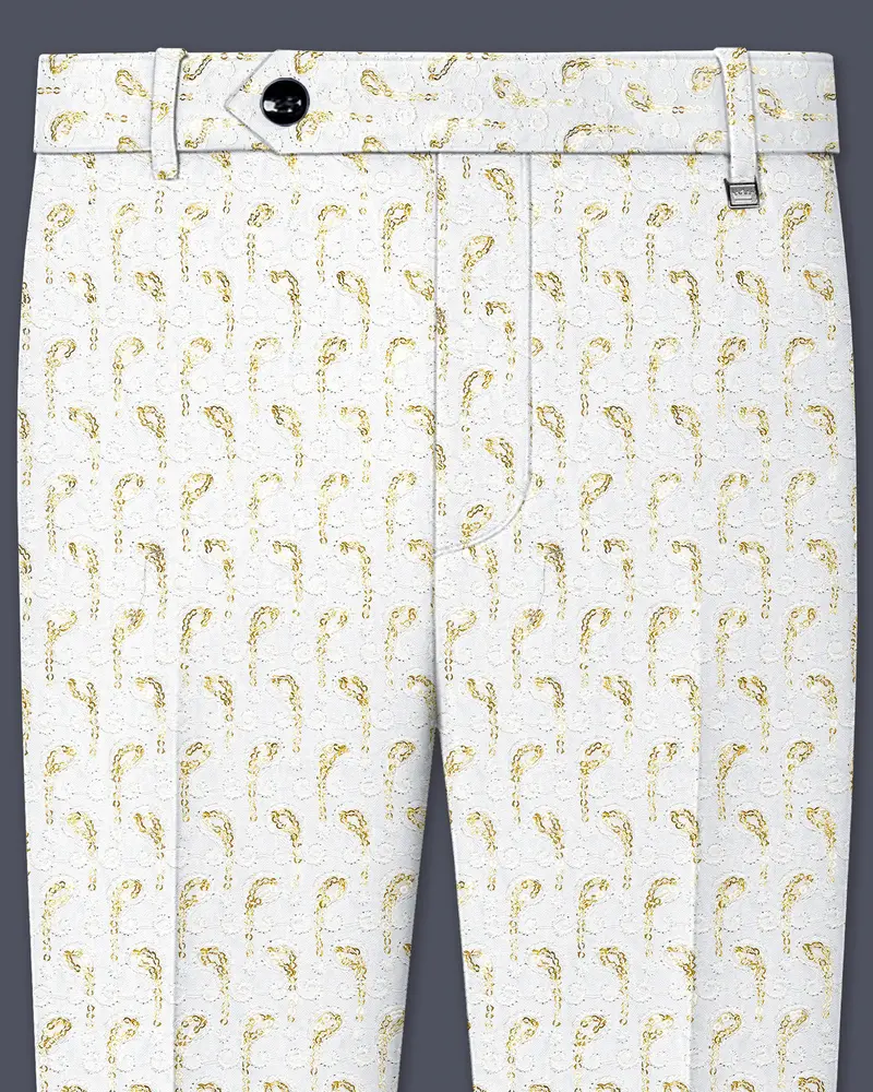 Sequenza-Bright White Leaves Pattern Sequin Embroidered Viscose Designer Stretchable Waistband Pant 1