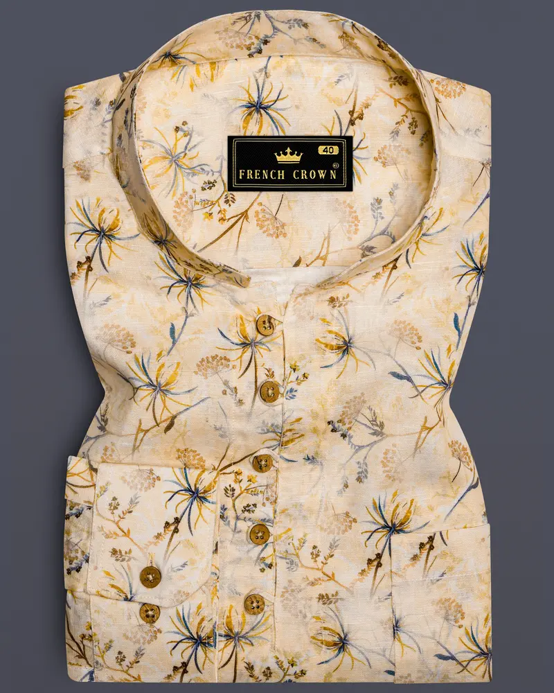 Serene Florals-Akaroa Cream Printed Luxurious Linen Casual Kurta Shirt 1