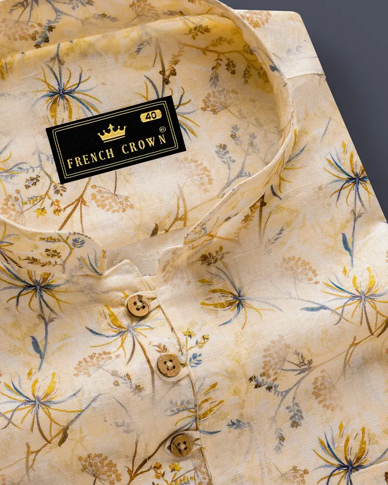 Serene Florals-Akaroa Cream Printed Luxurious Linen Casual Kurta Shirt 10