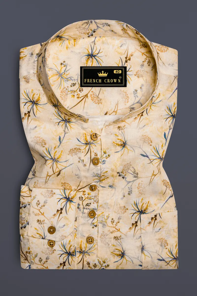 Serene Florals-Akaroa Cream Printed Luxurious Linen Casual Kurta Shirt 2