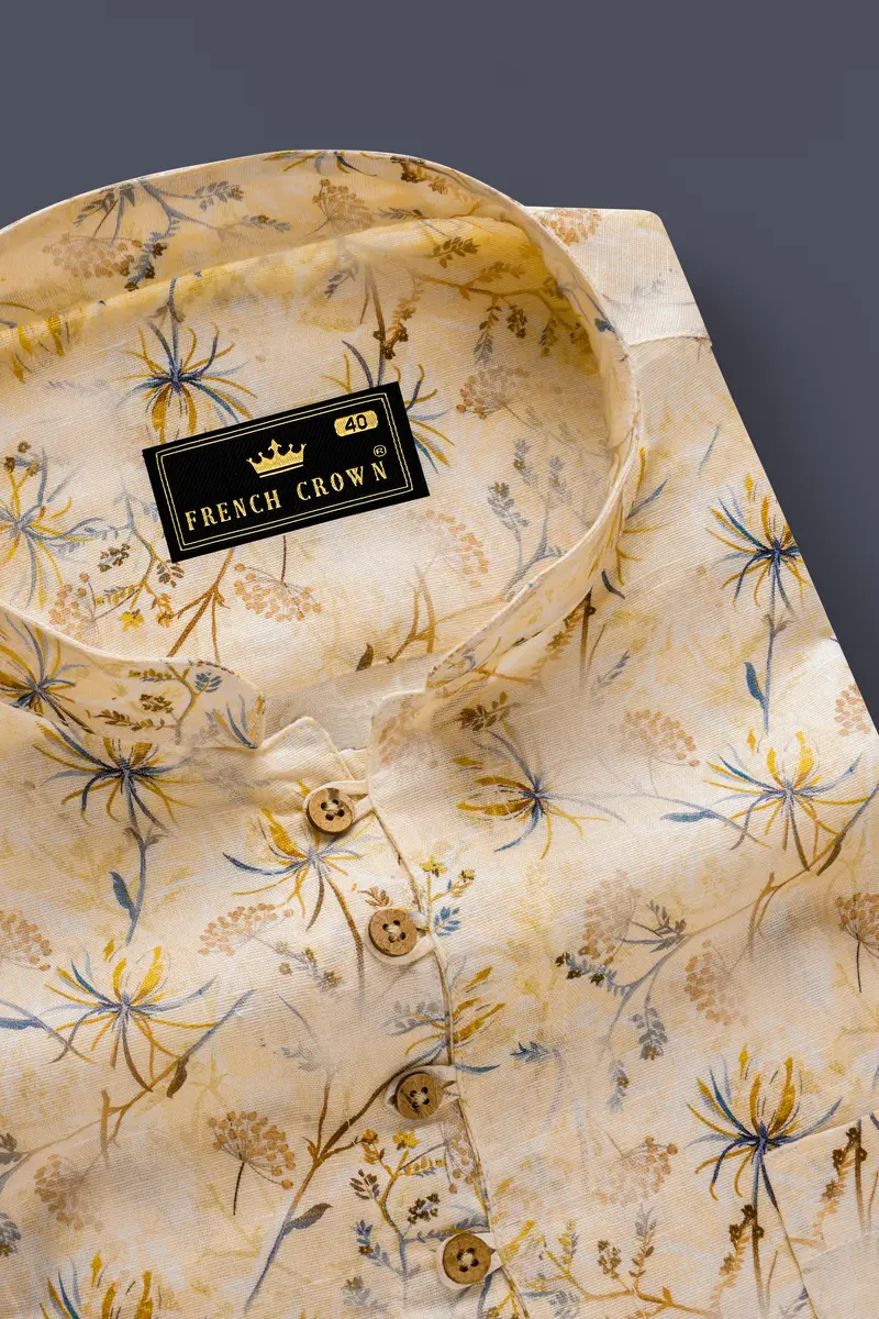 Serene Florals-Akaroa Cream Printed Luxurious Linen Casual Kurta Shirt 4