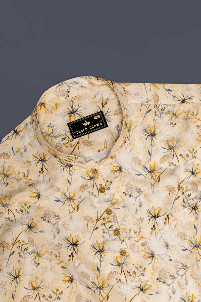 Serene Florals-Akaroa Cream Printed Luxurious Linen Casual Kurta Shirt 5