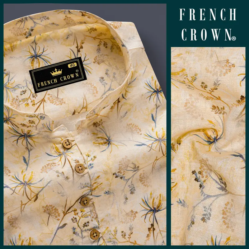 Serene Florals-Akaroa Cream Printed Luxurious Linen Casual Kurta Shirt 7