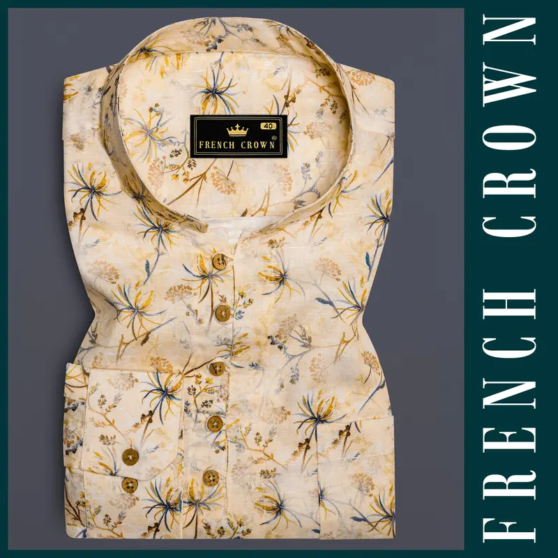 Serene Florals-Akaroa Cream Printed Luxurious Linen Casual Kurta Shirt 9