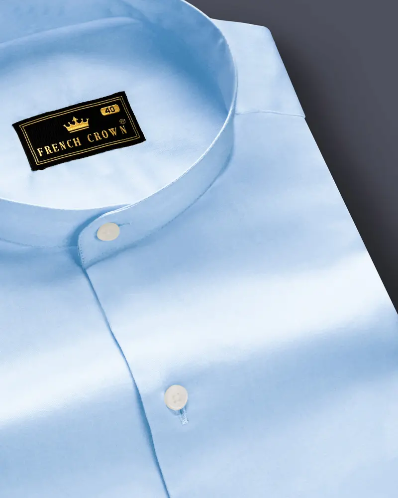 Serene Sky-Periwinkle Blue Solid Subtle Sheen Super Soft Premium Cotton Semi Formal Mandarin Collar Shirt 1