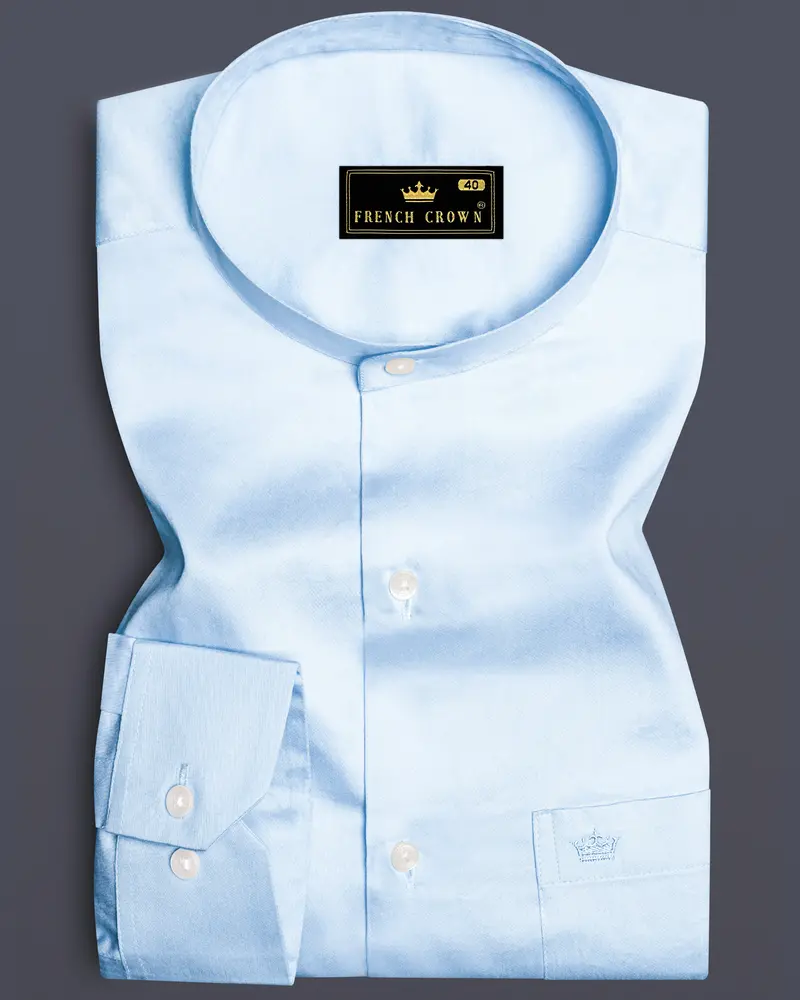 Serene Sky-Periwinkle Blue Solid Subtle Sheen Super Soft Premium Cotton Semi Formal Mandarin Collar Shirt 10