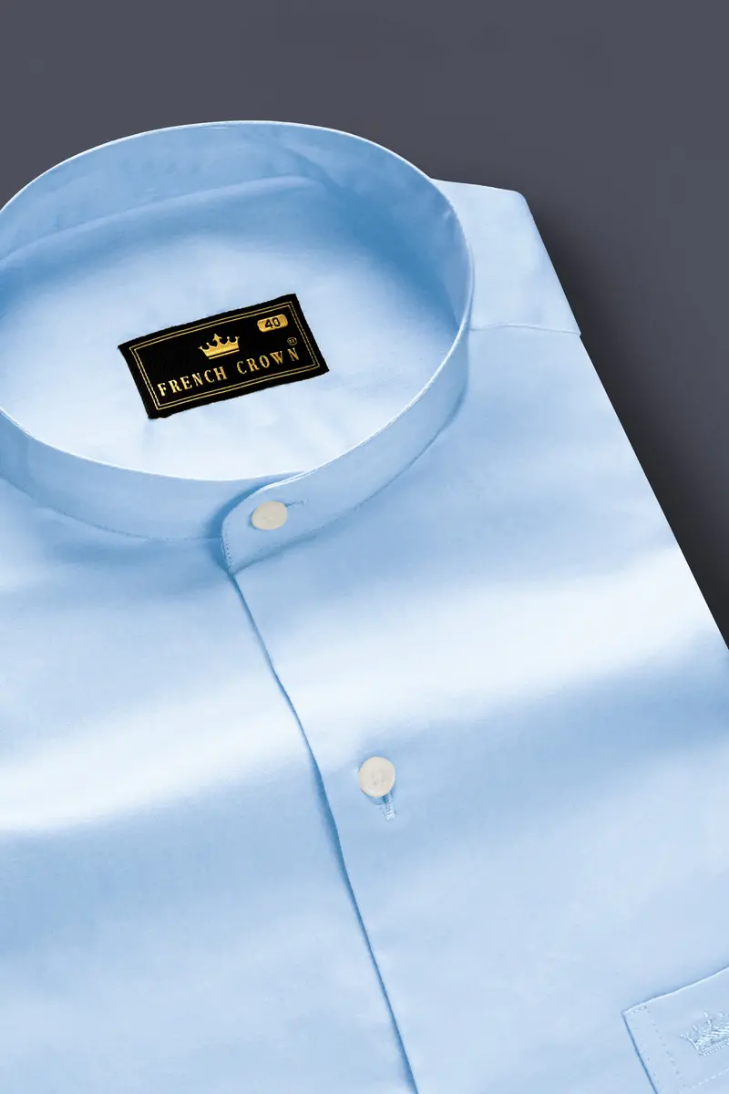 Serene Sky-Periwinkle Blue Solid Subtle Sheen Super Soft Premium Cotton Semi Formal Mandarin Collar Shirt 2
