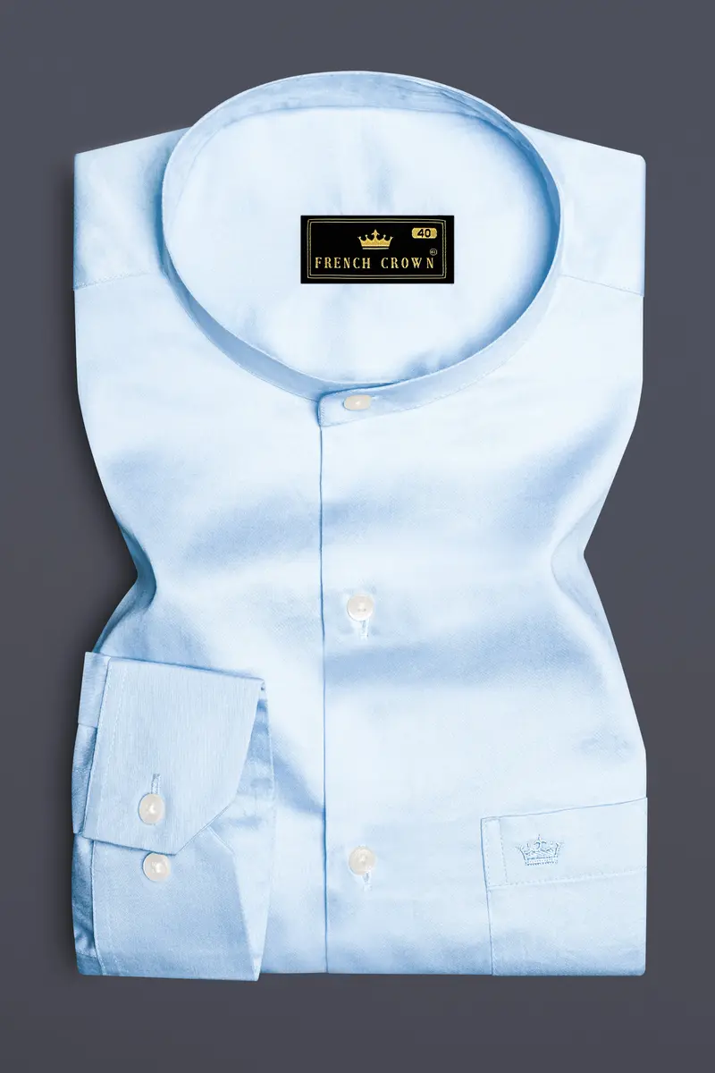 Serene Sky-Periwinkle Blue Solid Subtle Sheen Super Soft Premium Cotton Semi Formal Mandarin Collar Shirt 4