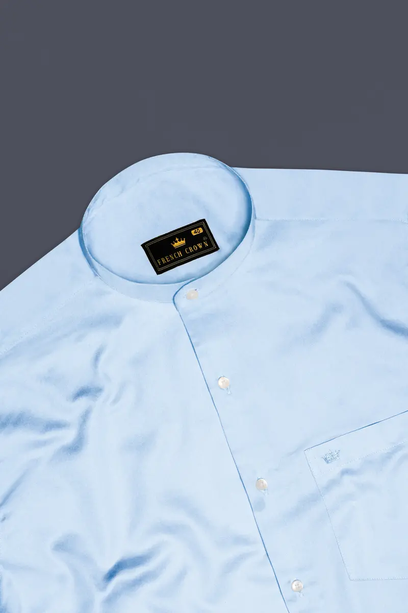 Serene Sky-Periwinkle Blue Solid Subtle Sheen Super Soft Premium Cotton Semi Formal Mandarin Collar Shirt 5