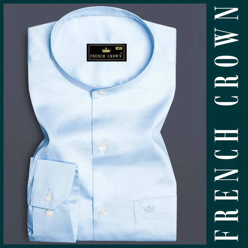 Serene Sky-Periwinkle Blue Solid Subtle Sheen Super Soft Premium Cotton Semi Formal Mandarin Collar Shirt 6