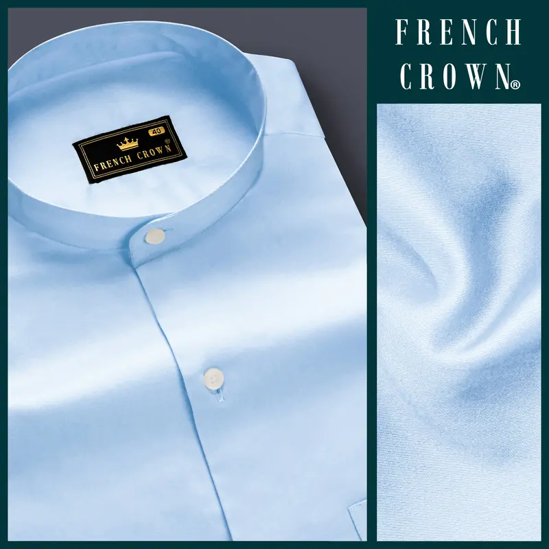 Serene Sky-Periwinkle Blue Solid Subtle Sheen Super Soft Premium Cotton Semi Formal Mandarin Collar Shirt 9