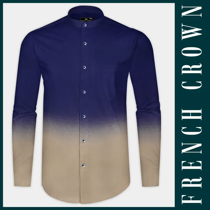 Serenehorizon-Indigo Blue And Sandrift Brown Gradient Printed Subtle Sheen Super Soft Premium Cotton Shirt 1