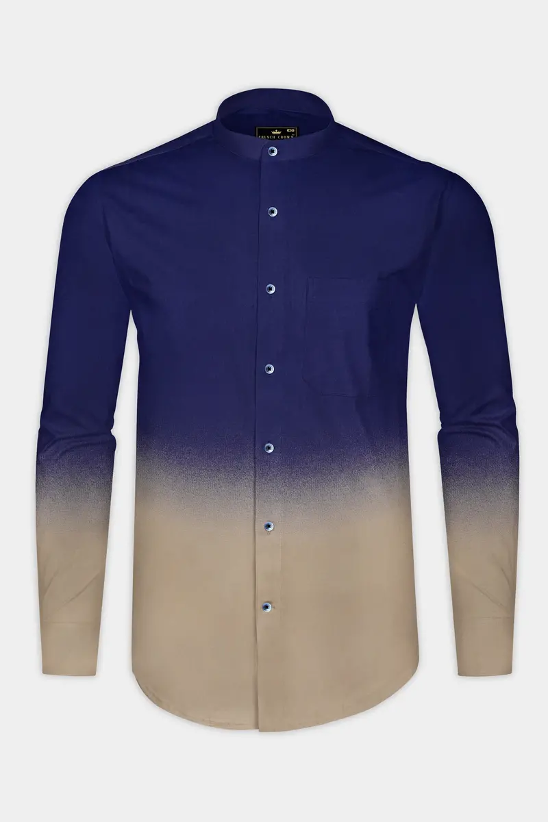 Serenehorizon-Indigo Blue And Sandrift Brown Gradient Printed Subtle Sheen Super Soft Premium Cotton Shirt 2